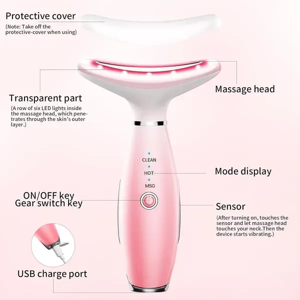 Neck Face Massager, Skin Care Face Massage Tool, 3-in-1 Facial Massager, Face Sculpting Tool With Thermals, Vibration-Pink view 2