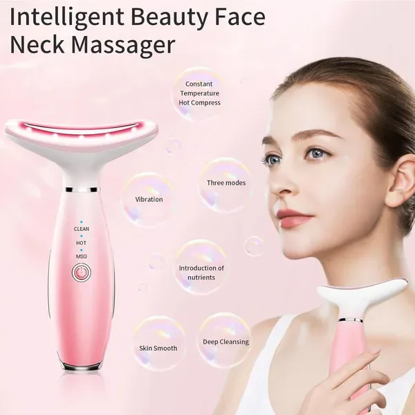 Neck Face Massager, Skin Care Face Massage Tool, 3-in-1 Facial Massager, Face Sculpting Tool With Thermals, Vibration-Pink view 3