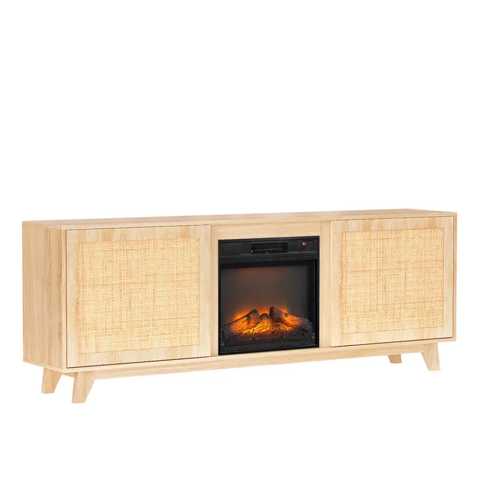 70' Oak Finish Low-Profile Fireplace TV Stand With 2 Doors & Rattan Front For 18' Insert view 3