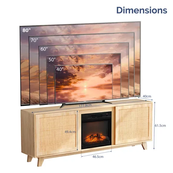 70' Oak Finish Low-Profile Fireplace TV Stand With 2 Doors & Rattan Front For 18' Insert view 4