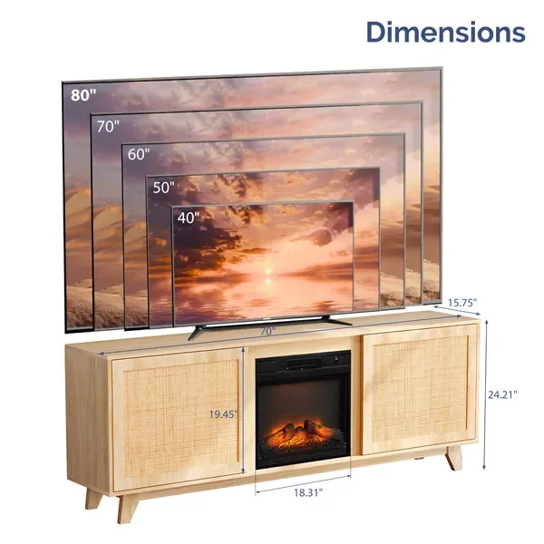 70' Oak Finish Low-Profile Fireplace TV Stand With 2 Doors & Rattan Front For 18' Insert view 2