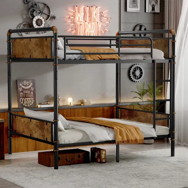 Twin XL Over Twin XL Metal Bunk Bed, Industrial Detachable Bunkbeds With Safety Guard Rails For Teens, Black