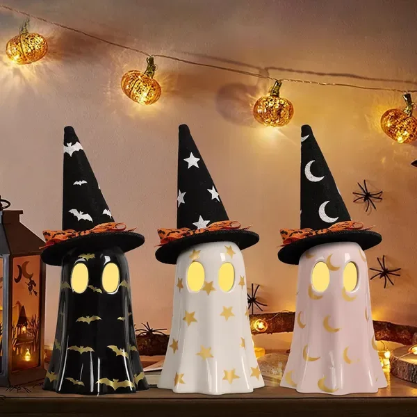 Halloween Decor Indoor, Set Of 3 Ceramic Ghosts With Witch Hats, Cute Spooky Ghost Figurines For Mantel, Shelf & Tabletop Decor, Halloween Decorations