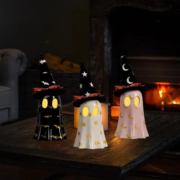 Halloween Decor Indoor, Set Of 3 Ceramic Ghosts With Witch Hats, Cute Spooky Ghost Figurines For Mantel, Shelf & Tabletop Decor, Halloween view 4