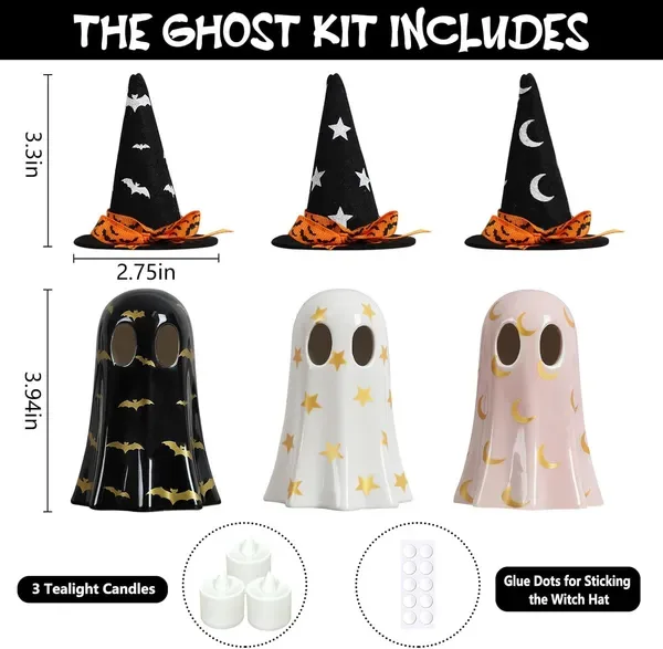 Halloween Decor Indoor, Set Of 3 Ceramic Ghosts With Witch Hats, Cute Spooky Ghost Figurines For Mantel, Shelf & Tabletop Decor, Halloween view 3