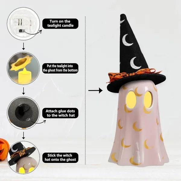 Halloween Decor Indoor, Set Of 3 Ceramic Ghosts With Witch Hats, Cute Spooky Ghost Figurines For Mantel, Shelf & Tabletop Decor, Halloween view 2