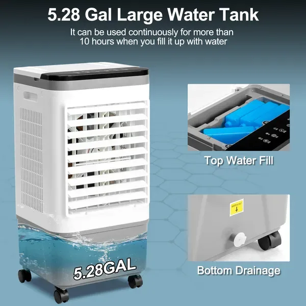 3 In 1 Portable Evaporative Cooler,720R,Indoor,Outdoor,461CFM Air Cooler With Remote,Copper Motor,5.28 Gal Water Tank & Scroll Casters, 4 view 4