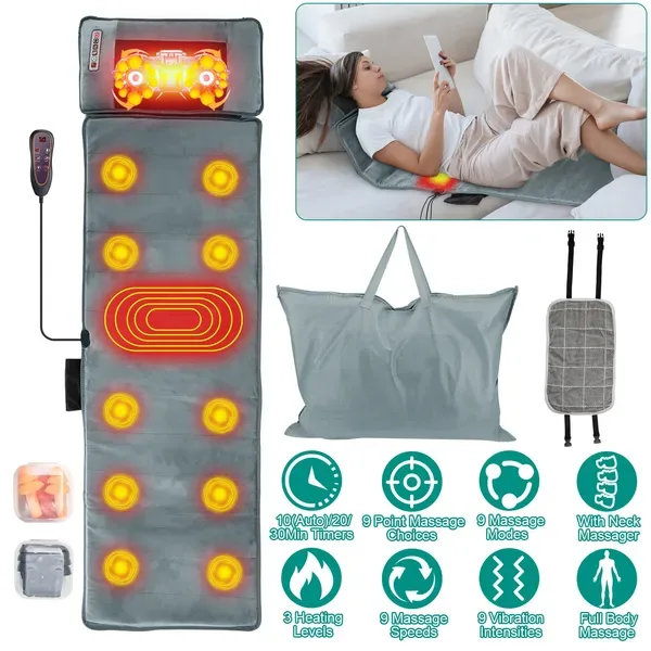 Full Body Massage Mat With Neck Kneading Massager - 10 Targeted Points & 3-Level Lumbar Heating, 9 Vibration Modes&9 Speeds, 20-Node Neck Massage -Heating & 3 Modes, 10-30min Smart Timer, Anti-Slip B