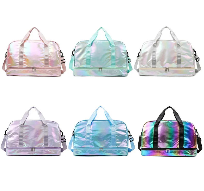 Iridescent Pearl Gym Bag ,Holographic Shiny Sports Duffel With Separate Shoe Compartment,Large Capacity Yoga Bag With Wet Dry Separation view 1