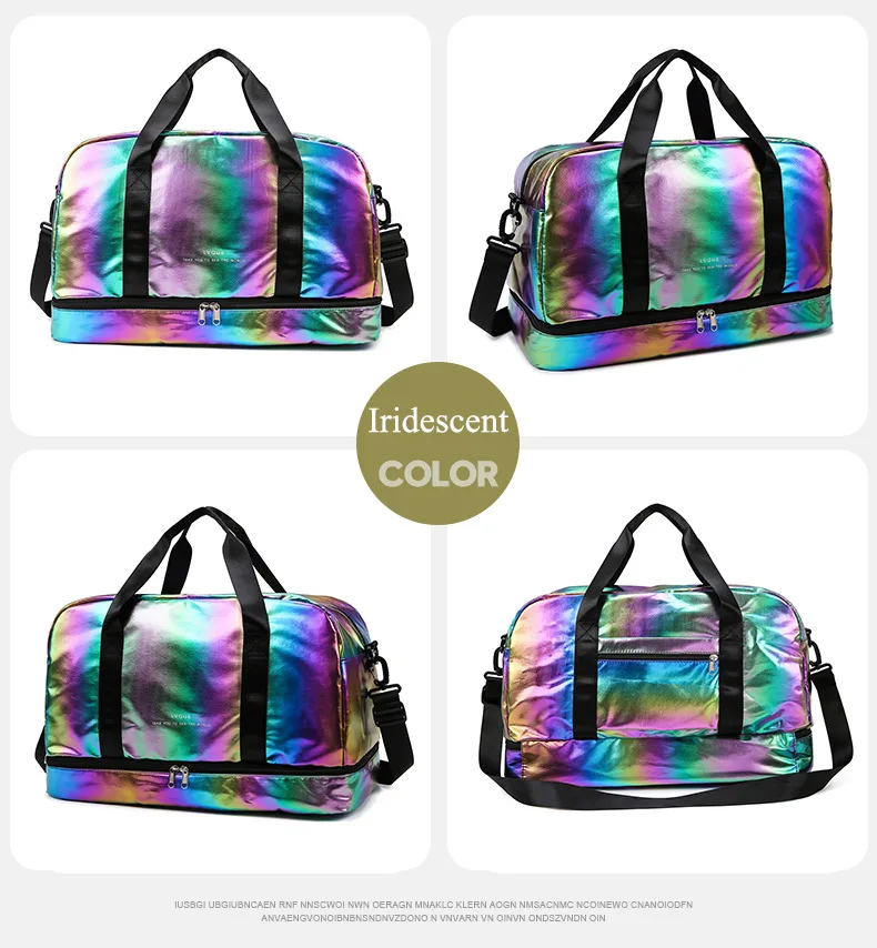 Iridescent Pearl Gym Bag ,Holographic Shiny Sports Duffel With Separate Shoe Compartment,Large Capacity Yoga Bag With Wet Dry Separation view 14