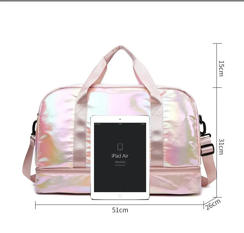 Iridescent Pearl Gym Bag ,Holographic Shiny Sports Duffel With Separate Shoe Compartment,Large Capacity Yoga Bag With Wet Dry Separation view 15