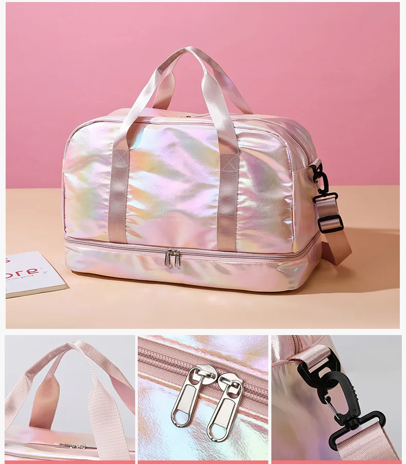 Iridescent Pearl Gym Bag ,Holographic Shiny Sports Duffel With Separate Shoe Compartment,Large Capacity Yoga Bag With Wet Dry Separation view 2