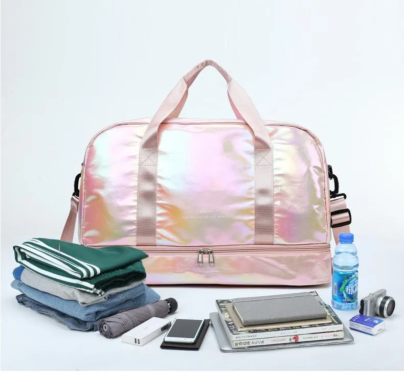 Iridescent Pearl Gym Bag ,Holographic Shiny Sports Duffel With Separate Shoe Compartment,Large Capacity Yoga Bag With Wet Dry Separation view 10