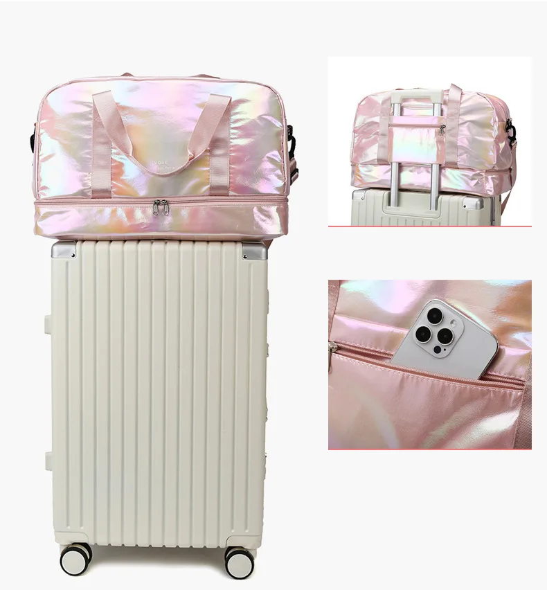 Iridescent Pearl Gym Bag ,Holographic Shiny Sports Duffel With Separate Shoe Compartment,Large Capacity Yoga Bag With Wet Dry Separation view 17