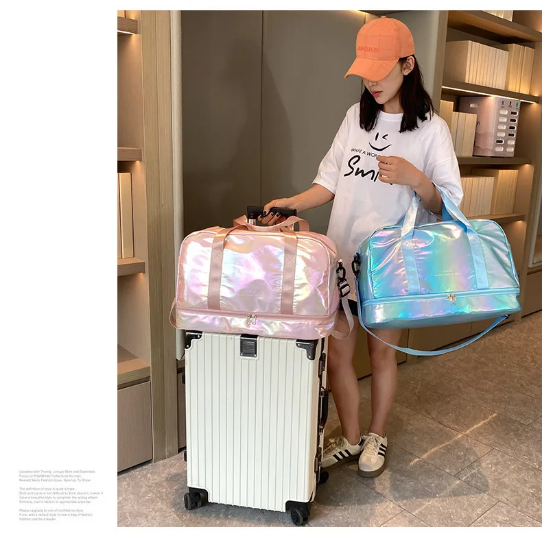 Iridescent Pearl Gym Bag ,Holographic Shiny Sports Duffel With Separate Shoe Compartment,Large Capacity Yoga Bag With Wet Dry Separation view 12