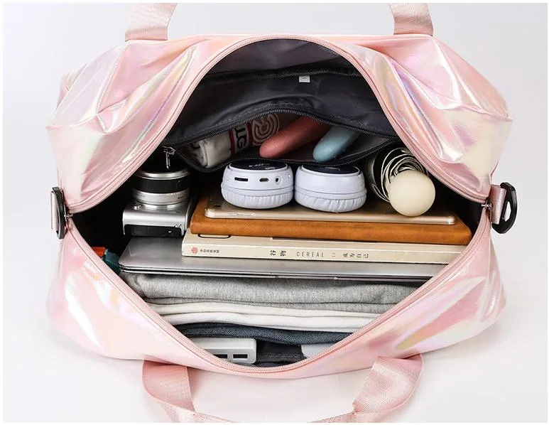 Iridescent Pearl Gym Bag ,Holographic Shiny Sports Duffel With Separate Shoe Compartment,Large Capacity Yoga Bag With Wet Dry Separation view 5