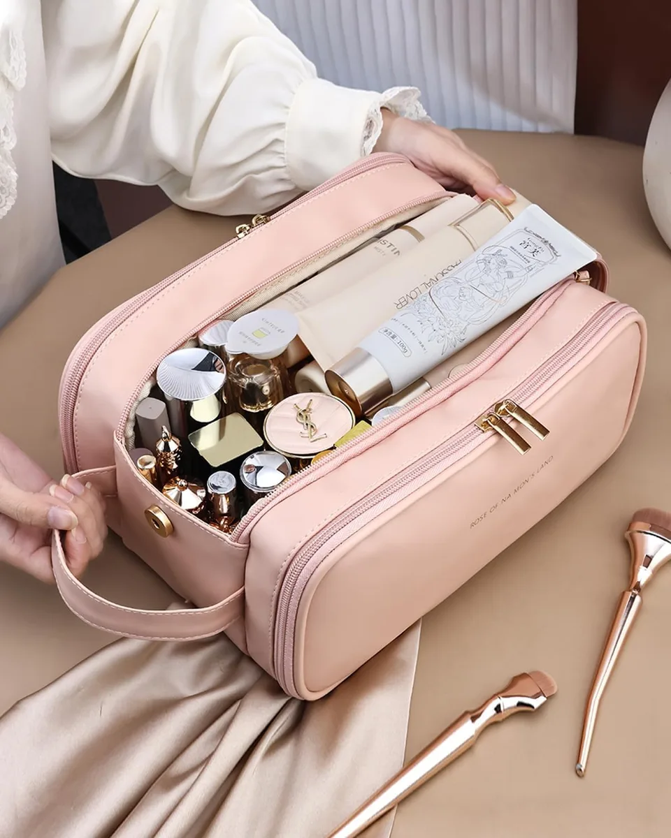 Travel Makeup Bag For Women, Large Capacity Cosmetic Organizer With Wide Opening, Waterproof Portable Toiletry Storage Bag For Easy Access view 1