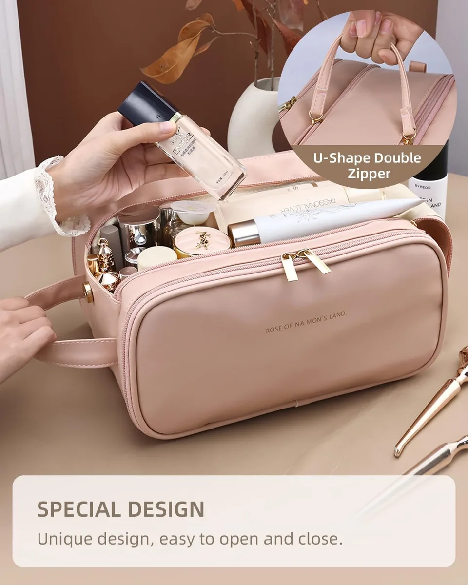 Travel Makeup Bag For Women, Large Capacity Cosmetic Organizer With Wide Opening, Waterproof Portable Toiletry Storage Bag For Easy Access view 2