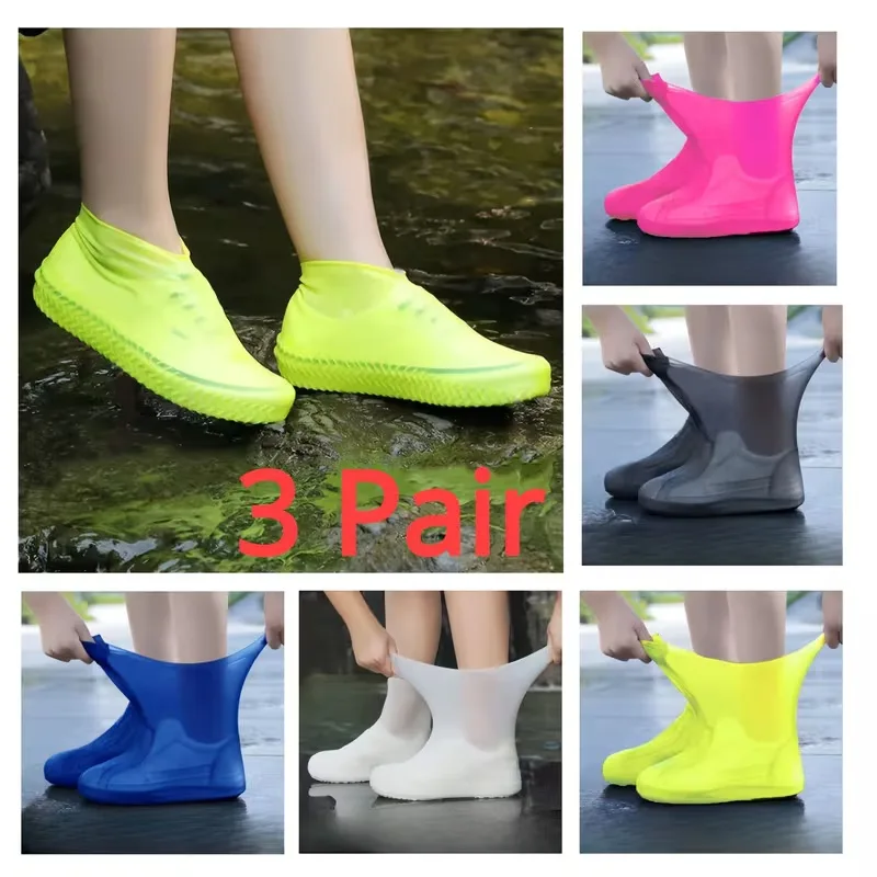 3 Pairs One Size Thickened Latex Silicone Shoe Covers, Waterproof Rain Overshoes, Non-Slip Wear Resistant Outdoor Reusable Foot Covers view 1