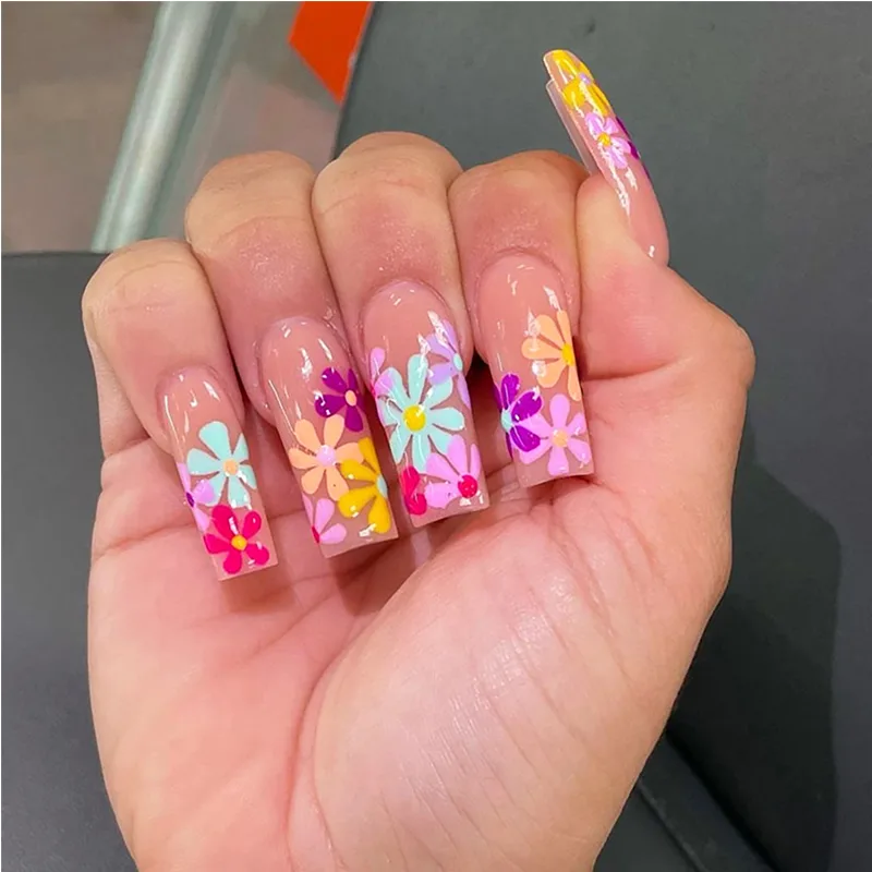 24 PCS Long Flat Flowers Nail Art
