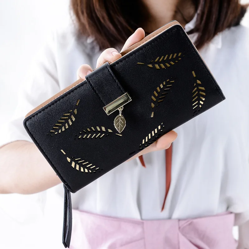 Women's Fashion Long Wallet Clutch - Elegant Hollow Out Leaf Design Zipper Closure Wristlet Handbag With Card Slots & Phone Compartment view 6