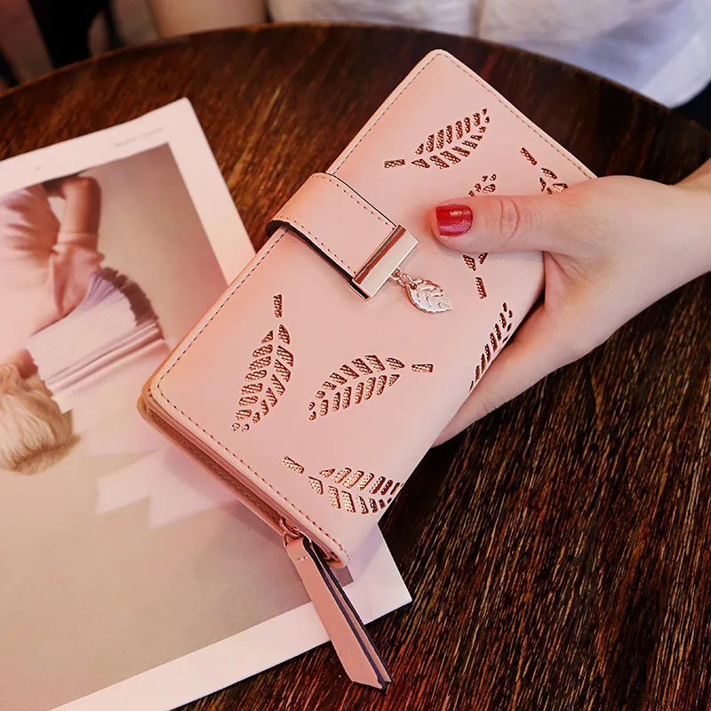 Women's Fashion Long Wallet Clutch - Elegant Hollow Out Leaf Design Zipper Closure Wristlet Handbag With Card Slots & Phone Compartment view 8