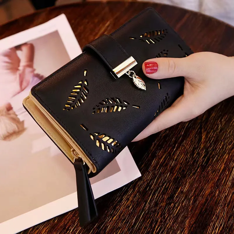 Women's Fashion Long Wallet Clutch - Elegant Hollow Out Leaf Design Zipper Closure Wristlet Handbag With Card Slots & Phone Compartment view 4