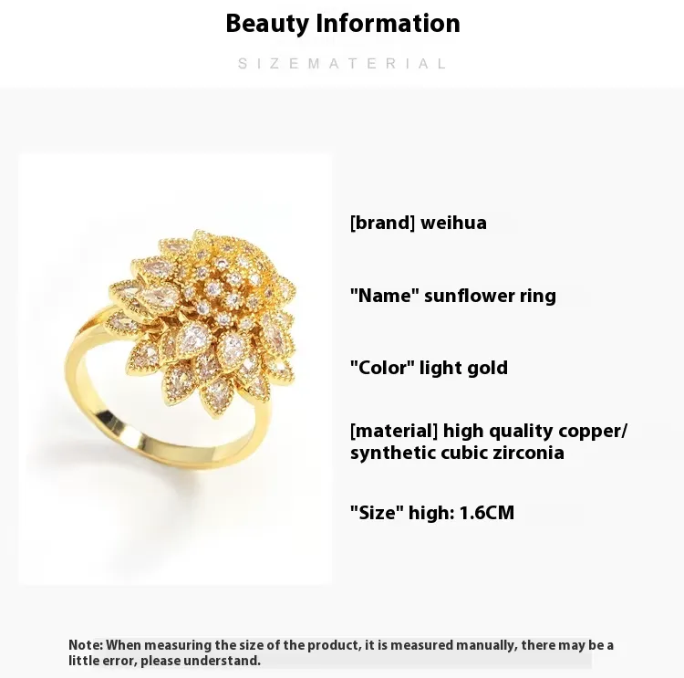 Flower Adjustable Open Gold Ring For Women, Trendy Elegant Unique Cubic Zirconia Enamel Front Open Floral Leaf Easter Jewelry Gift-flower view 8