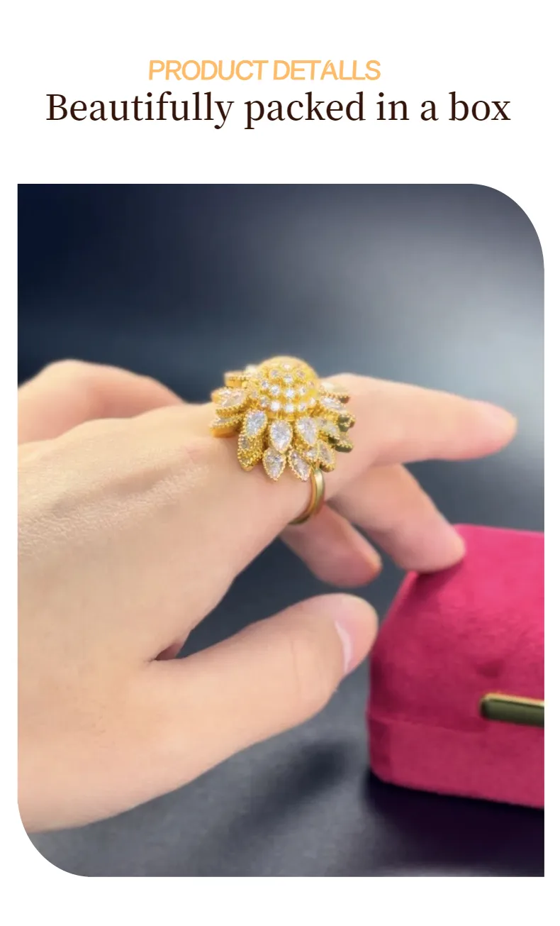 Flower Adjustable Open Gold Ring For Women, Trendy Elegant Unique Cubic Zirconia Enamel Front Open Floral Leaf Easter Jewelry Gift-flower view 3