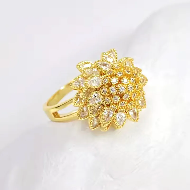 Flower Adjustable Open Gold Ring For Women, Trendy Elegant Unique Cubic Zirconia Enamel Front Open Floral Leaf Easter Jewelry Gift-flower view 2