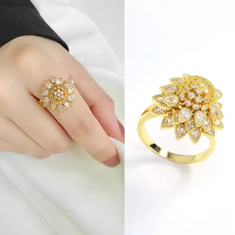 Flower Adjustable Open Gold Ring For Women, Trendy Elegant Unique Cubic Zirconia Enamel Front Open Floral Leaf Easter Jewelry Gift-flower view 1