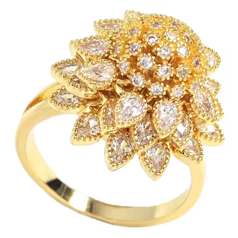 Flower Adjustable Open Gold Ring For Women, Trendy Elegant Unique Cubic Zirconia Enamel Front Open Floral Leaf Easter Jewelry Gift-flower view 5