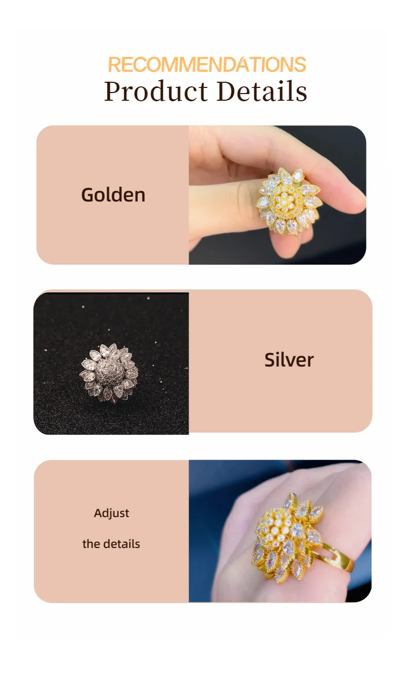 Flower Adjustable Open Gold Ring For Women, Trendy Elegant Unique Cubic Zirconia Enamel Front Open Floral Leaf Easter Jewelry Gift-flower view 4