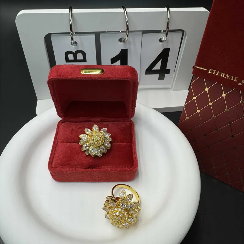Flower Adjustable Open Gold Ring For Women, Trendy Elegant Unique Cubic Zirconia Enamel Front Open Floral Leaf Easter Jewelry Gift-flower view 6