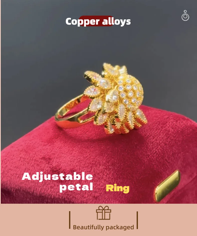Flower Adjustable Open Gold Ring For Women, Trendy Elegant Unique Cubic Zirconia Enamel Front Open Floral Leaf Easter Jewelry Gift-flower view 10