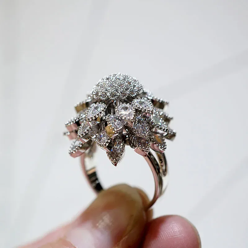 Flower Adjustable Open Silvery Ring For Women, Trendy Elegant Unique Cubic Zirconia Enamel Front Open Floral Leaf Easter Jewelry Gift-flower view 6