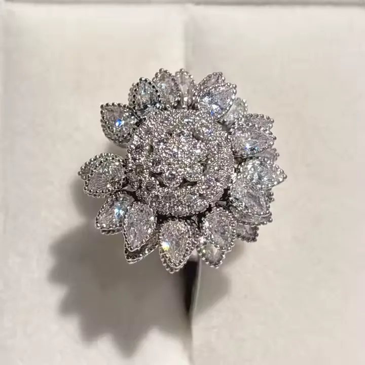 Flower Adjustable Open Silvery Ring For Women, Trendy Elegant Unique Cubic Zirconia Enamel Front Open Floral Leaf Easter Jewelry Gift-flower view 5