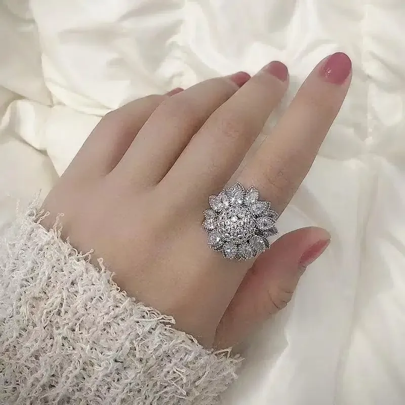 Flower Adjustable Open Silvery Ring For Women, Trendy Elegant Unique Cubic Zirconia Enamel Front Open Floral Leaf Easter Jewelry Gift-flower view 2