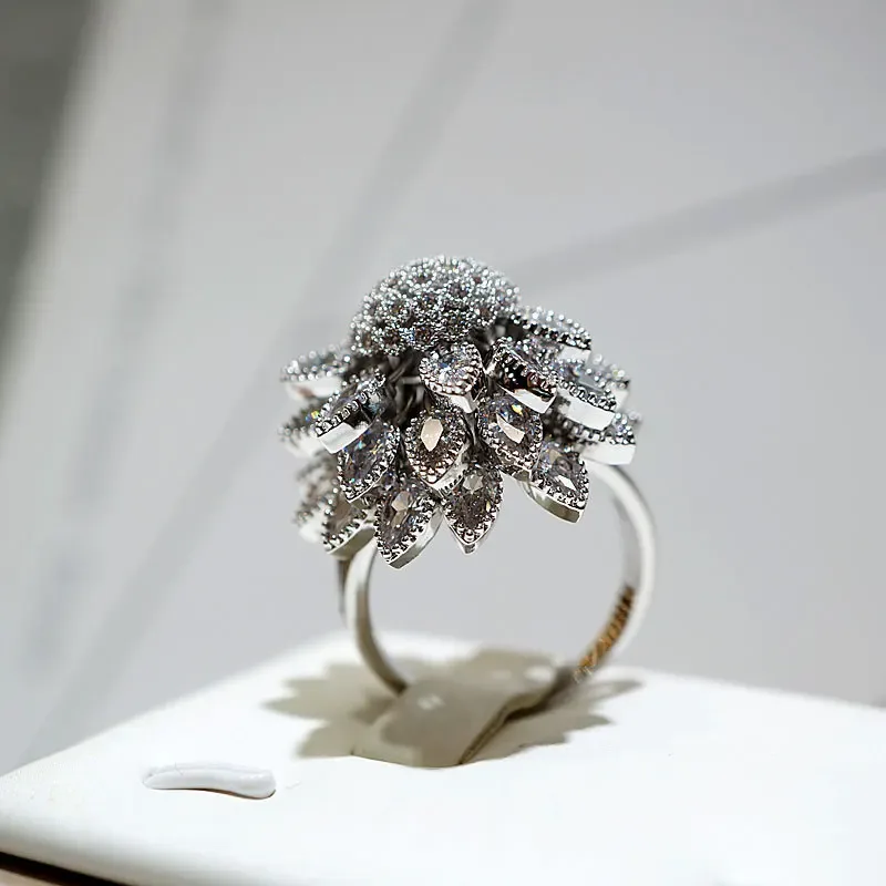 Flower Adjustable Open Silvery Ring For Women, Trendy Elegant Unique Cubic Zirconia Enamel Front Open Floral Leaf Easter Jewelry Gift-flower view 3