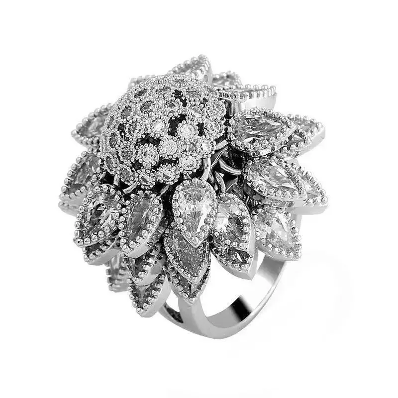 Flower Adjustable Open Silvery Ring For Women, Trendy Elegant Unique Cubic Zirconia Enamel Front Open Floral Leaf Easter Jewelry Gift-flower view 1