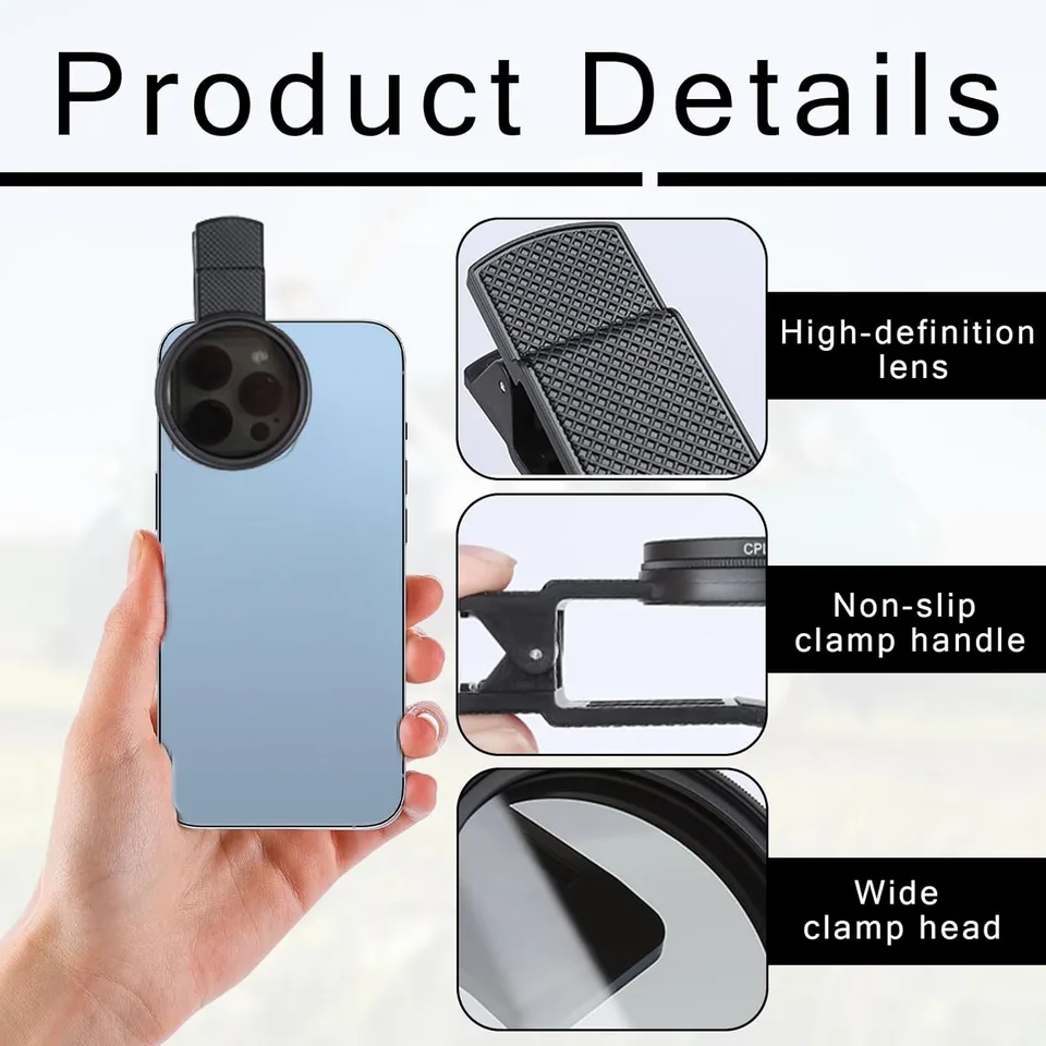 52mm Professional Phone Camera Clip With Macro Lens CPL Star Variable ND Filter For All Smartphones Aluminum Alloy Thread - With CPL view 4