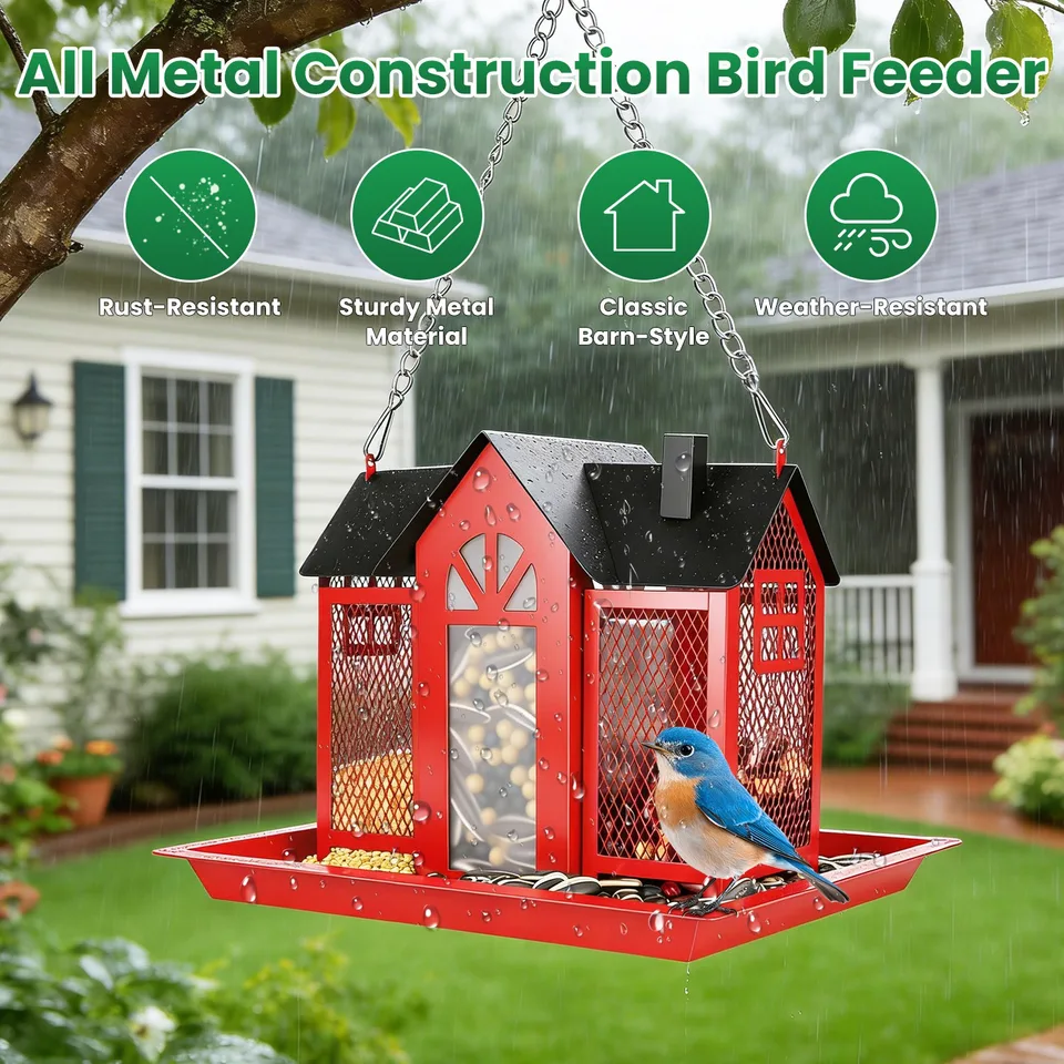 1Pc  Metal Hanging Bird Feeder House Classic Barn Bird Feeder House Iron Hanging Outdoor Feeder With Visible Window And Lift Top Lid 15.75in Hanging Length Wild Birds Garden Yard view 3