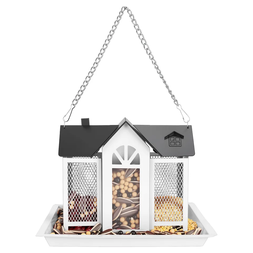 1Pc  Metal Hanging Bird Feeder House Classic Barn Bird Feeder House Iron Hanging Outdoor Feeder With Visible Window And Lift Top Lid 15.75in Hanging Length Wild Birds Garden Yard view 2