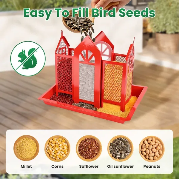 Metal Hanging Bird Feeder House Classic Barn Bird Feeder House Iron Hanging Outdoor Feeder With Visible Window And Lift Top Lid 15.75in Hanging Length Wild Birds Garden Yard Red&White view 4