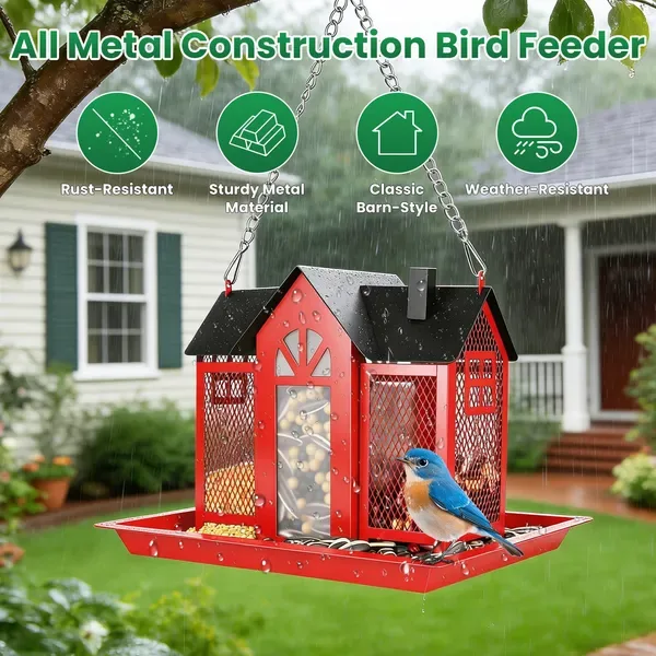 Metal Hanging Bird Feeder House Classic Barn Bird Feeder House Iron Hanging Outdoor Feeder With Visible Window And Lift Top Lid 15.75in Hanging Length Wild Birds Garden Yard Red&White view 2
