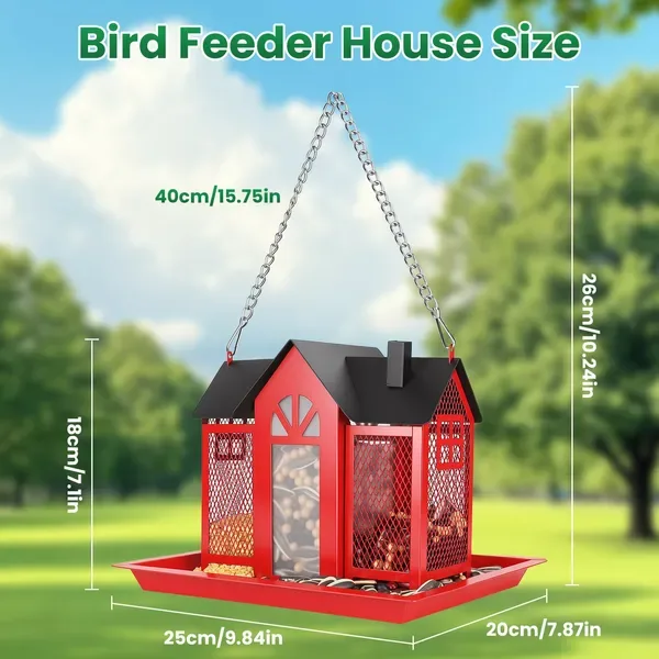 Metal Hanging Bird Feeder House Classic Barn Bird Feeder House Iron Hanging Outdoor Feeder With Visible Window And Lift Top Lid 15.75in Hanging Length Wild Birds Garden Yard Red&White view 3