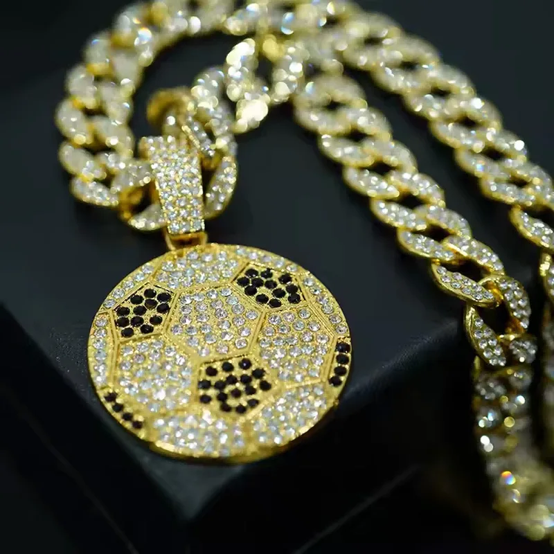 13mm Width Football Pendant Necklace,Cuban Link Chain With Bling Football Charm, Hip Hop Jewelry For Men & Women, Perfect For Sports Fans & Rapper Style view 2
