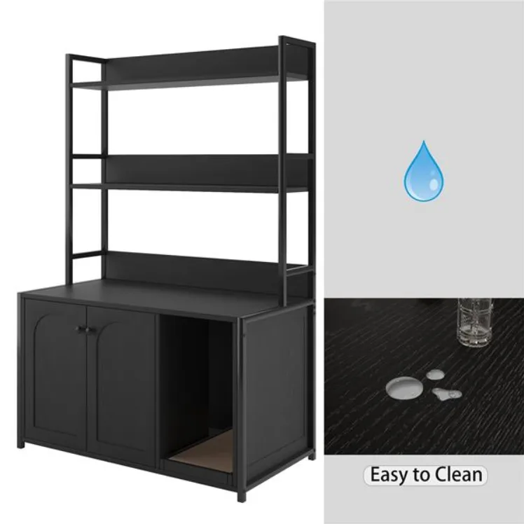Large Cat Litter Box Enclosure With Shelf Storage, Hidden Cat Washroom Furniture, Wooden Cat House With Scratch Pad, Sturdy Indoor Cat Cabinet With 2 Doors Black