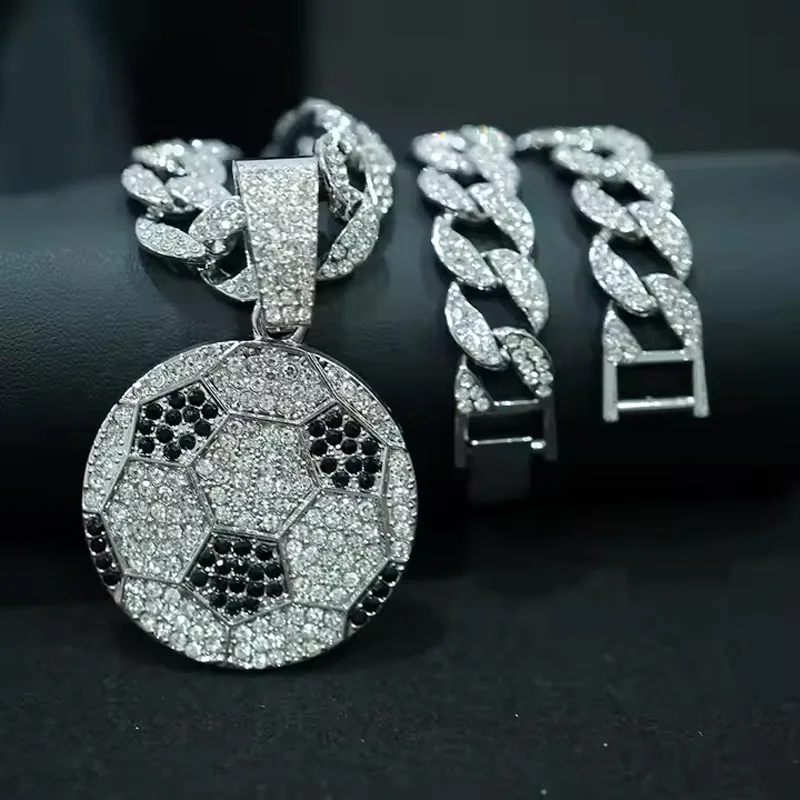 13mm Width Football Pendant Necklace,Cuban Link Chain With Bling Football Charm, Hip Hop Jewelry For Men & Women, Perfect For Sports Fans & Rapper Style view 3