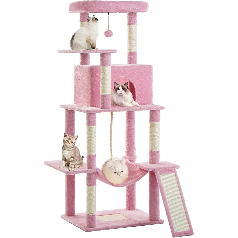 ABCPET 63-inch Multi-level Cat Climbing Frame, Indoor Cat Sisal Scratch Post, Cat Bed, Hammock, Hanging Ball, Extension Platform,Self-pickup Only
